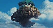 The flying castle Laputa, with the giant tree on top and weapons system underneath.