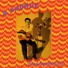 A yellow-tinted picture of Andrew Savage holding a guitar, placed in the middle of a fire-like graphic of red, orange and yellow wavy lines