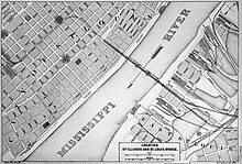 An 1880 map of the tunnel route between the Eads Bridge and Mill Creek rail yards in downtown St. Louis Downtown STL Subway Map.jpg