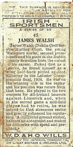 File:James Walsh on Wills's Cigarette card, circa 1934 (back).jpg