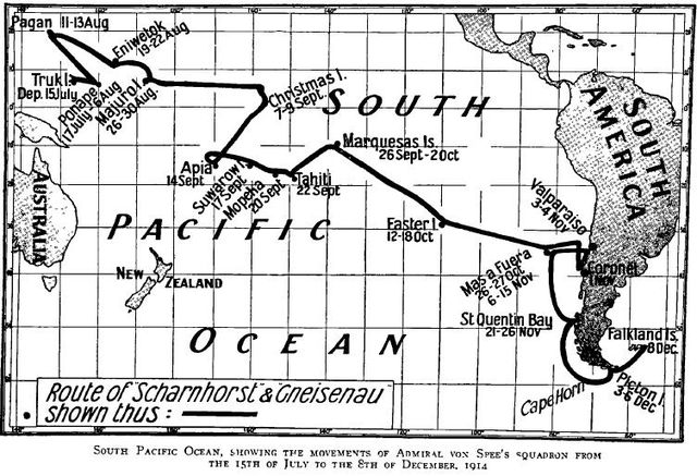 Map of depicting various pacific islands and the dates at which Spee arrived at them.