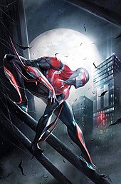 Miguel O'Hara in his new costume. Cover artwork of Spider-Man 2099 vol. 3 #3 (November 2015) by Francesco Mattina. Spider-Man (Miguel O'Hara) (second costume).jpg