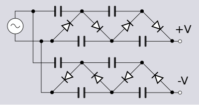 A single secondary winding of a transformer driving two cascades of opposite polarities at the same time. Stacking the two cascades provides an output of twice the voltage but with better ripple and capacitor charging characteristics than would be achieved with a single long cascade of the same voltage. Stacked Villard cascade.svg
