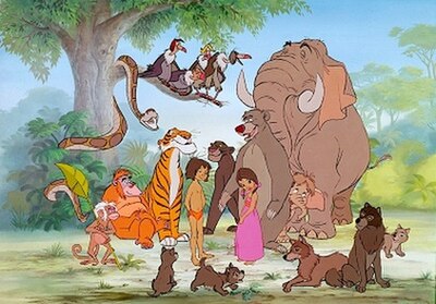 A promotional image of the characters from the film. From left to right: Kaa, Flunkey, King Louie, Ziggy, Shere-Khan, wolf cubs, Buzzie, Mowgli, Flaps