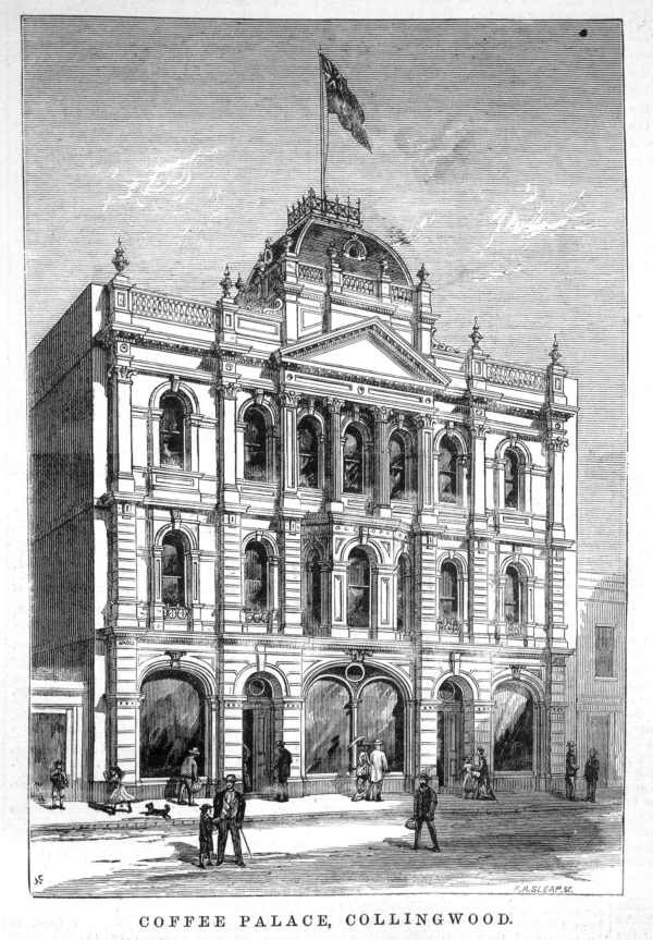 Collingwood Coffee Palace in 1879. It now forms part of the facade of Woolworths in Smith Street.