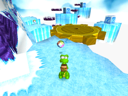 A screenshot of the stage "Be Wheely Careful"; stages in the game are made up of several small, connected areas consisting of various puzzles and platforming challenges. Croc Screenshot.png