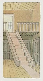 eine Illustration eines leeren Raumes mit zwei Etagen, die durch eine mit Teppich ausgelegte Treppe verbunden sind.