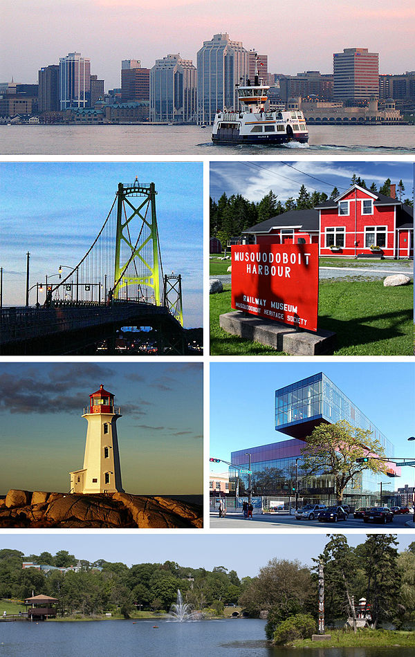 Clockwise from top: Downtown Halifax and Halifax Transit ferry, Musquodoboit Harbour, Central Library, Sullivan's Pond, Peggy's Cove, Macdonald Bridge