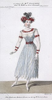 coloured drawing of costume design showing young white woman in loose silver-coloured skirt and red and white decorated top, with red hat