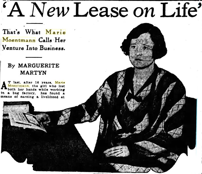 File:Marie Moentmann at desk, 1931, with headline.jpg