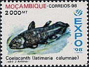 1998 Mozambique stamp featuring an image of a coelacanth MozambiqueCoelacanthStamp.jpg