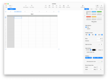 A newly created Numbers document is styled to indicate suggested header areas in column A and row 1. Note that the table stops in the lower right of the screen, which can be resized with the widget in the corner. Numbers new untitled document.png