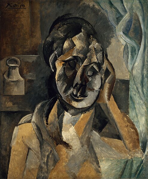 File:Pablo Picasso, 1910, Woman with Mustard Pot (La Femme au pot de moutarde), oil on canvas, 73 x 60 cm, Gemeentemuseum, The Hague. Exhibited at the Armory Show, New York, Chicago, Boston 1913.jpg