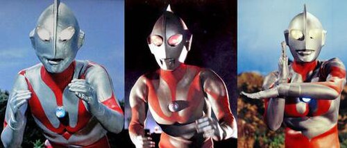 Ultraman's suit variations in 1966: Type A (left), Type B (middle) and Type C (right)