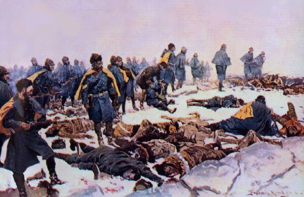 After the final battle at "The Pit". Painting by Frederic Remington, 1897