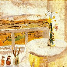 From Bedroom Window, Bankshead, date unknown, private collection. 
Typical of Nicholson's impressionist work, combining still life with landscape.
