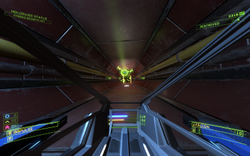 Screenshot featuring the Holo-Guide leading the player down a hallway. Overload gameplay example.png