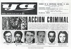 Image of the front page of a Spanish language newspaper showing six individual passport type photographs of the victims, a photograph of two funeral wreathes and a two-word headline in bold letters which reads, "Accion Criminal"