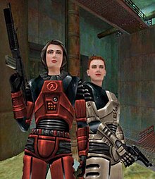 Colette Green and Gina Cross in Decay; the models used in the game were of a significantly higher quality than in previous Half-Life titles. Colette Green and Gina Cross (Half-Life).jpg