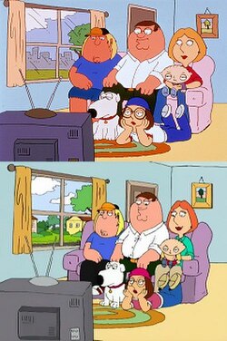 The Griffin family watches TV together in their first appearance. The top image is from MacFarlane's hand-drawn pilot; the bottom image is from the co