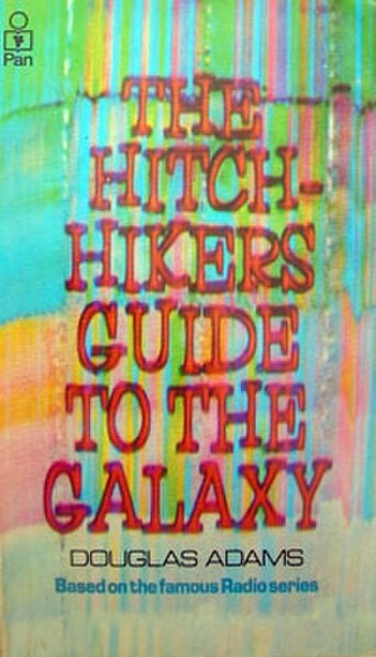 Cover of the original UK paperback edition of the novel, The Hitchhiker's Guide to the Galaxy, by Hipgnosis and Ian Wright. The back cover featured th