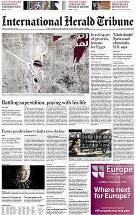 The August 26, 2013 front page of the International Herald Tribune