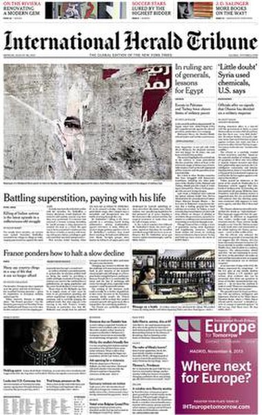The August 26, 2013 front page of the International Herald Tribune