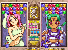 Gameplay screenshot showcasing a match between World and Justice. NEOGEO Magical Drop III (Majikaru Doroppu 3).png