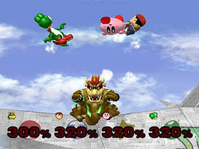 Bowser, Ness, Kirby, and Yoshi fight in a "Sudden Death" match on the Corneria stage, based on Star Fox.