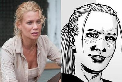 Andrea, as portrayed by Laurie Holden in the television series (left) and in the comic book series (right).