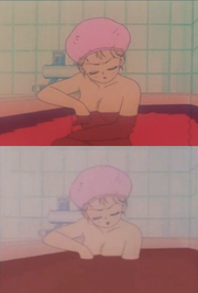 During the original North American airing,some bathing scenes involving brief nudity were censored by having traces of water that are originally transparent and therefore showing areas of characters' bodies that were judged to be unsuitable for viewing by children were reworked visually so that the transparency is absent and the water as such is visually without detail other than color. Bathing scene comparison.png