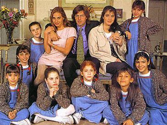 Season One cast, in 1995: Natalia Lobo, Gabriel Corrado, Romina Yan, and the chiquititas.