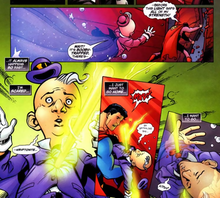 A weakened Mxyzptlk is seemingly killed by Ruin while protecting Superman, art by Karl Kerschl.