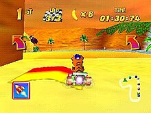 In this screenshot, Timber the Tiger is racing in Fossil Canyon. From clockwise, the game's interface displays the player's current position, number of laps, bananas, time, and a map of the track.