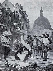 King Frederick William I observes construction in Friedrichstadt, background: Trinity Church. FriedrichstadtAufbau.jpg