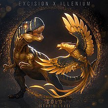 T-Rex и Phoenix, облечени в злато пред златен кръг на сив фон