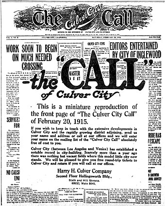 This 1915 advertisement in the Los Angeles Times for the Culver City subdivision displays an image of a Culver City Call front page.