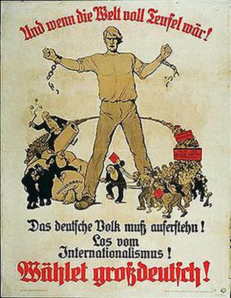 1923 election poster: "And if the world were full of devils! The German people must arise! Away from Internationalism! Vote Greater German!"