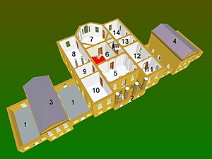 The first floor. 1: The four service courts; 2: Portico and West front; 3: North Pavilion; 4: South Pavilion; 5: Entrance Hall; 6: Staircase Hall; 7: Octagon Drawing Room; 8: Dining Room; 9: Study; 10: Library; 11: Sutherland Room (formerly lady Iliffe's sitting room); 12: Kitchen (since 1952); 13: larder (?); 14: Green Drawing Room (formerly Breakfast or Small Dining Room). Baspianonobile.jpg