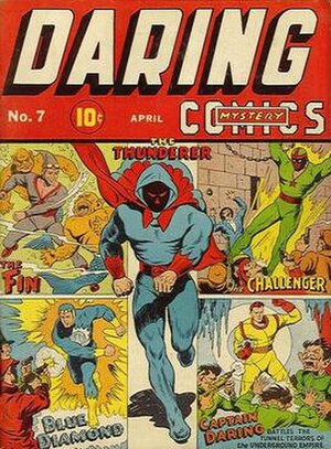 Thunderer (center front) as depicted in his first appearance of Daring Mystery Comics #7