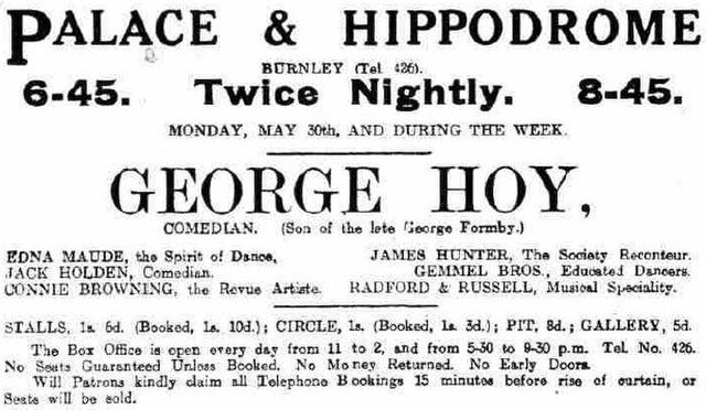 An advertisement from The Burnley News, May 1921 for George Hoy