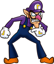 Promotional artwork of Waluigi wearing a purple hat and long sleeved shirt and black overalls