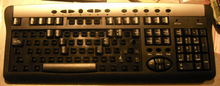 A 104-key USB keyboard adapted into a chording keyboard. All phonetic keystrokes may be accomplished by one and two-key chords of the home keys on the top row. Chording Keyboard.png