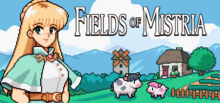 Steam header of Fields of Mistria, showcasing its logo, Celine, two animals, a house, a farm, a windmill, and a forest with mountains in the background