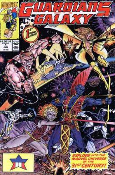 The revival iteration of the team: Guardians of the Galaxy #1 (June 1990). Cover art by Jim Valentino, including newer characters Starhawk (Stakar Ogo