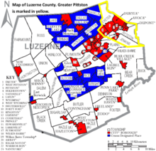 A map of Luzerne County. Greater Pittston, which makes up the northeastern portion of the county, is outlined in yellow.