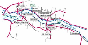 Communities amalgamated in 1995 to form the City of Miramichi, New Brunswick Miramichi Map.jpg