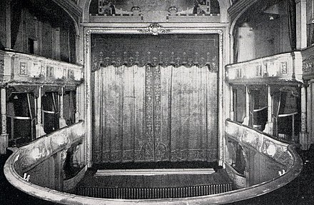 Original interior of Savoy Theatre in 1881, the year it became the first public building in the world to be lit entirely by electricity.[23]