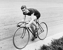 Bicycle Racer posed at Salt Palace wood track, Salt Lake City, 1911 BikeRacer.jpg