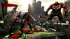 A squad of five characters, with the color of each figurine's base indicating the faction and rank of the individual unit. HeroesofDragonAge.jpg